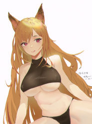 Rule 34 | 1girl, :q, absurdres, animal ears, arknights, bare shoulders, black panties, breasts, ceobe (arknights), covered erect nipples, dog ears, eyebrows hidden by hair, halterneck, heart, heart-shaped pupils, highres, large breasts, long hair, looking at viewer, maxp yuanhang, navel, orange hair, panties, parted bangs, purple eyes, simple background, solo, spread legs, symbol-shaped pupils, tongue, tongue out, underboob, underwear, very long hair, white background