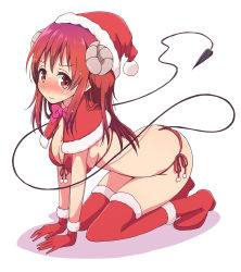 Rule 34 | 1girl, all fours, bikini, blush, bow, bowtie, breasts, butt crack, christmas, cleavage, closed mouth, curled horns, demon girl, demon horns, demon tail, embarrassed, full body, hat, highres, horns, large breasts, long hair, looking at viewer, machikado mazoku, mel (melty pot), pink bow, pink bowtie, red bikini, red hair, red thighhighs, santa costume, santa hat, side-tie bikini bottom, simple background, solo, string bikini, swimsuit, tail, thighhighs, wavy mouth, white background, yoshida yuuko (machikado mazoku)