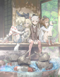 Rule 34 | &gt; &lt;, 10s, 3girls, :3, amatsukaze (kancolle), anchor hair ornament, binoculars, blonde hair, blue eyes, brown eyes, brown hair, cat, closed eyes, elbow gloves, gloves, hair ornament, hair ribbon, hairband, innertube, kantai collection, koukaku, machinery, multiple girls, open mouth, red eyes, rensouhou-chan, rensouhou-kun, ribbon, shimakaze (kancolle), silver hair, sitting, striped clothes, striped legwear, striped thighhighs, swim ring, thighhighs, triangle mouth, turret, two side up, water, white cat, yukikaze (kancolle)