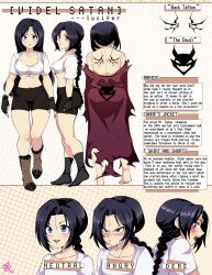 Rule 34 | 1girl, alternate universe, back tattoo, barefoot, bike shorts, black hair, black socks, blue eyes, blush, boots, braid, breasts, character profile, cloak, commentary, covered erect nipples, crop top, dragon ball, dragonball z, english commentary, english text, fingerless gloves, furrowed brow, gloves, highres, long hair, medium breasts, open mouth, puffphox, scar, scar on back, signature, single braid, smile, socks, tattoo, torn cloak, torn clothes, videl