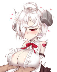 Rule 34 | 1girl, absurdres, azur lane, bare shoulders, blush, breast hold, breasts, cleavage, covered erect nipples, detached sleeves, embarrassed, hair over one eye, heart, highres, huge breasts, makano mucchi, open clothes, open shirt, pale skin, red eyes, scar, scar on face, screw, shirt, short hair, simple background, solo focus, tattoo, tears, terror (azur lane), white background