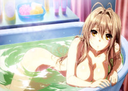 Rule 34 | 10s, 1girl, absurdres, amagi brilliant park, antenna hair, artist request, bath, bathing, bathroom, bathtub, blush, breasts, brown eyes, brown hair, cleavage, completely nude, convenient censoring, dutch angle, highres, indoors, large breasts, long hair, looking at viewer, lying, matching hair/eyes, nude, nyantype, official art, on side, open mouth, partially submerged, resized, sento isuzu, shiny skin, solo, sponge, topless, upscaled, water, wet