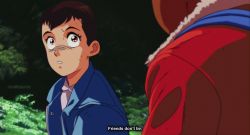 Rule 34 | 1980s (style), 1boy, 1girl, animification, artist name, blue jacket, blurry, blurry foreground, brown eyes, brown hair, close-up, commentary, commentary request, dark-skinned male, dark skin, dmitry grozov, eleven (stranger things), english commentary, english text, forest, from behind, fur collar, highres, jacket, leaf, looking at another, lucas sinclair, nature, netflix, oldschool, open clothes, open jacket, plant, red jacket, retro artstyle, short hair, stranger things, subtitled, tree, watermark