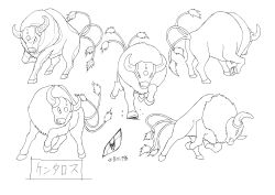 Rule 34 | 1990s (style), absurdres, animal focus, bull, character sheet, creatures (company), full body, game freak, gen 1 pokemon, highres, horns, jumping, looking at viewer, looking to the side, monochrome, multiple views, nintendo, no humans, official art, open mouth, pokemon, pokemon (anime), pokemon (classic anime), pokemon (creature), retro artstyle, tauros