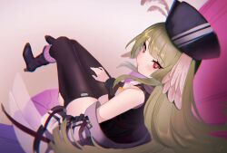 Rule 34 | 1girl, absurdres, arknights, bare shoulders, bird girl, black footwear, black headwear, black thighhighs, blush, boots, bright pupils, commentary request, feather hair, feathers, green hair, hat feather, high heel boots, high heels, highres, id card, jacket, jacket partially removed, long hair, looking at viewer, poncirus (arknights), red eyes, sitting, solo, thighhighs, thighs, white feathers, white pupils, yunnasu