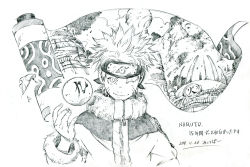 Rule 34 | 1boy, ball, dated, forehead protector, greyscale, jumpsuit, looking at viewer, makkamu, male focus, monochrome, naruto, naruto (series), nature, one eye closed, plant, scroll, short hair, sketch, sky, smile, solo, upper body, uzumaki naruto, white background