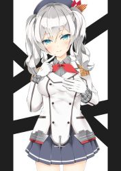 Rule 34 | 10s, 1girl, aqua eyes, beret, blush, breasts, buttons, epaulettes, finger to face, finger to mouth, gloves, hand on breast, hand on own chest, hat, jacket, kantai collection, kashima (kancolle), kerchief, kurusu (pixiv), large breasts, looking at viewer, military, military uniform, miniskirt, pleated skirt, red ribbon, ribbon, sidelocks, silver hair, skirt, smile, solo, takanashi kurusu, tsurime, twintails, uniform, wavy hair, white gloves