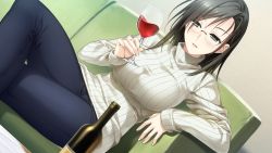 Rule 34 | 1girl, alcohol, asama kyouko, black eyes, black hair, blush, bottle, breasts, cup, drink, drunk, game cg, glasses, kiss ato, large breasts, legs, crossed legs, long hair, looking at viewer, marui (koedame), sitting, smile, solo, sweater, thighs, wine