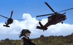 Rule 34 | 1girl, aircraft, artist name, black hair, blue eyes, blue sky, cloud, commentary, dated, dead-robot, goggles, goggles on headwear, gun, headphones, helicopter, holding, holding gun, holding weapon, military, military vehicle, mixed-language commentary, original, outdoors, ponytail, scenery, sky, solo, twitter username, uh-60 blackhawk, upper body, watermark, weapon