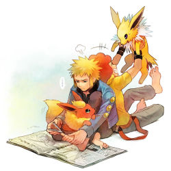 Rule 34 | ..., 2boys, afro, applying pedicure, bad id, bad pixiv id, barefoot, blonde hair, blue jacket, clipping nails, clipping toenails, closed mouth, commentary request, creatures (company), flareon, flint (pokemon), game freak, gen 1 pokemon, holding, holding pokemon, jacket, jolteon, long sleeves, male focus, multiple boys, nail clippers, newspaper, nintendo, nona (831korokke), pants, pokemon, pokemon (creature), pokemon dppt, red hair, shirt, short sleeves, sitting, smile, spoken ellipsis, teeth, toes, volkner (pokemon), white background, yellow shirt