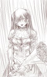 Rule 34 | 1girl, absurdres, archvermin, breasts, cleavage, copyright request, crying, dress, flower, highres, long hair, looking at viewer, makeup, mascara, medium breasts, monochrome, parted lips, rain, solo, standing, third-party source, wet