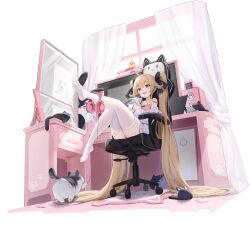Rule 34 | 1girl, absurdres, ahoge, animal ear headphones, animal ears, animal hands, animal slippers, attilio regolo (azur lane), attilio regolo (castle of inspiration) (azur lane), azur lane, bare shoulders, black ribbon, blonde hair, cat, cat ear headphones, cat paws, chair, drawing tablet, dress, fake animal ears, frilled dress, frills, hair between eyes, hair ribbon, headphones, highres, indoors, leg up, long hair, long sleeves, manjuu (azur lane), monitor, multiple cats, non-web source, off shoulder, official art, open mouth, paw print, pink shirt, purple eyes, ribbon, shirt, sitting, sleeveless, slippers, smile, solo, speaker, table, thighhighs, twintails, very long hair, white dress, white thighhighs, window, zoom layer