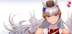 Rule 34 | 1girl, amekudaki, animal ears, bare shoulders, blush, bow, bowtie, double v, ear bow, floating hair, gloves, gold ship (umamusume), grey hair, grin, hands up, hat, head tilt, highres, horse ears, long hair, looking at viewer, pillbox hat, purple eyes, red bow, red bowtie, simple background, sleeveless, smile, solo, turtleneck, umamusume, v, very long hair, white background, white gloves