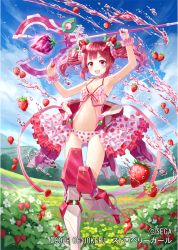Rule 34 | 1girl, :d, blue sky, blush, code of joker, copyright name, day, flat chest, flower, food, food print, food-themed hair ornament, fruit, grass, hair ornament, hill, holding, holding food, holding fruit, holding weapon, liquid, long hair, mechanical legs, midriff, navel, open mouth, outdoors, panties, red eyes, red hair, scrunchie, skirt, sky, smile, solo, standing, strawberry, strawberry girl, strawberry hair ornament, strawberry print, tadokoro teppei, twintails, underwear, wand, watermark, weapon, white panties, white skirt, wrist scrunchie