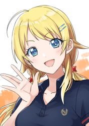 Rule 34 | 1girl, blonde hair, blue eyes, blush, commentary request, eyelashes, hachimiya meguru, hair ornament, hairclip, happy, idolmaster, idolmaster shiny colors, light blush, long hair, looking at viewer, open mouth, shirt, sketch, smile, solo, tsukikage oyama, twintails