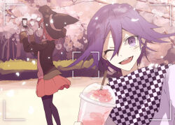 Rule 34 | 1boy, 1girl, black hat, black jacket, black pantyhose, black scarf, black sleeves, blazer, blush stickers, cellphone, checkered clothes, checkered scarf, cherry blossoms, collared vest, commentary request, cup, danganronpa (series), danganronpa v3: killing harmony, day, disposable cup, drink, drinking straw, eyelashes, falling petals, feet out of frame, hair between eyes, hat, holding, holding drink, holding phone, jacket, long sleeves, looking at viewer, miniskirt, nagichiro, oma kokichi, one eye closed, open clothes, open jacket, open mouth, outdoors, pantyhose, petals, phone, pink vest, pleated skirt, purple eyes, purple hair, red eyes, red hair, red skirt, scarf, selfie, short hair, single blush sticker, skirt, slushie, smartphone, smile, teeth, tree, two-tone scarf, unmoving pattern, upper body, upper teeth only, vest, viewfinder, white jacket, white scarf, white sleeves, witch hat, yumeno himiko