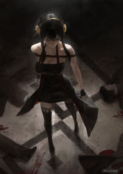 Rule 34 | 1girl, black dress, black footwear, blood, bloody weapon, boots, breasts, cleavage, corpse, dagger, dress, dual wielding, earrings, from above, full body, gold earrings, gold hairband, hairband, highres, holding, holding dagger, holding knife, holding weapon, jewelry, knife, large breasts, long dress, multiple boys, murder, pale skin, red eyes, serious, short hair with long locks, showgirl skirt, solo focus, spy x family, thigh boots, thighhighs, twitter username, two-sided dress, two-sided fabric, weapon, yor briar, zeradok