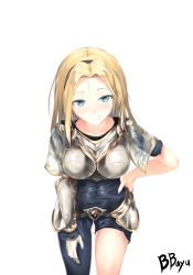 Rule 34 | 1girl, armor, armored dress, artist name, bad id, bad pixiv id, bbayu, blonde hair, blue eyes, bodysuit, breastplate, chest plate, faulds, gauntlets, hairband, hand on own hip, hand on own thigh, hand on thigh, highres, league of legends, leaning forward, long hair, looking at viewer, lux (league of legends), parted bangs, siod, skin tight, solo, white background