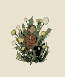 Rule 34 | 1girl, absurdres, brown hair, chair, commentary, dandelion, english commentary, flower, highres, hood, hoodie, kumerish, looking at viewer, original, oversized plant, own hands together, plant, red hoodie, short hair, simple background, sitting, yellow background
