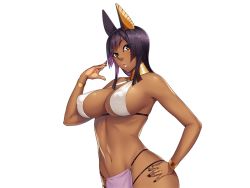 Rule 34 | 1girl, animal ears, bare arms, bare shoulders, black hair, breasts, cleavage, covered erect nipples, dark-skinned female, dark skin, female focus, game cg, hand on own hip, hand up, kasshoku oriento bijo to shujuu seikou, large breasts, looking at viewer, lots of jewelry, medium hair, nail polish, navel, oohara kyuutarou, orange eyes, original, puffy areolae, puffy nipples, revealing clothes, solo, transparent background, upper body