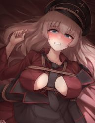 Rule 34 | 10s, 1girl, adapted costume, bad id, bad pixiv id, bdsm, bed, blue eyes, blush, bondage, bound, breast bondage, breasts, cleavage, clenched teeth, covered erect nipples, girls und panzer, hat, highres, itsumi erika, j.k., looking at viewer, medium breasts, necktie, saliva, solo, tears, teeth, white hair