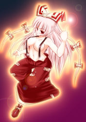 Rule 34 | 1girl, bow, breasts, female focus, fujiwara no mokou, large breasts, lens flare, long hair, mabuchoco m, naked suspenders, revealing clothes, solo, suspenders, topless, touhou