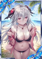 Rule 34 | 1girl, bare shoulders, beach, bikini, black bikini, breasts, calamity (shinkai no valkyrie), card (medium), cleavage, day, gem, hair between eyes, hair ornament, holding, holding clothes, holding jacket, jacket, jewelry, large breasts, long hair, looking to the side, necklace, o-ring, o-ring bikini, ocean, official art, outdoors, palm tree, pink jacket, red eyes, red gemstone, shinkai no valkyrie, shy, side-tie bikini bottom, silver hair, solo, stomach, string bikini, swimsuit, thighs, tree, very long hair