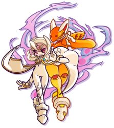 Rule 34 | 1boy, androgynous, animal ears, arm up, black sclera, blush stickers, bodysuit, capcom, cape, colored sclera, cubit foxtar (mega man), dual persona, fox ears, full body, looking at viewer, male focus, mega man (series), mega man zero (series), multiple boys, open mouth, red eyes, tail, transparent background, trap, white background, white bodysuit, white cape, white hair, yuusuke-kun
