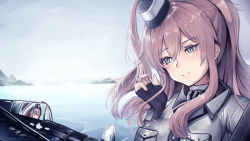 Rule 34 | aircraft, airplane, blue eyes, blush, breast pocket, breasts, cloud, cloudy sky, dress, fairy (kancolle), fingerless gloves, gloves, hair between eyes, hair ornament, highres, kantai collection, large breasts, long hair, multiple girls, neckerchief, ngs (hkfg4334), outdoors, pink hair, pocket, ponytail, remodel (kantai collection), saratoga (kancolle), shirt, side ponytail, sidelocks, sky, smile, smokestack, water