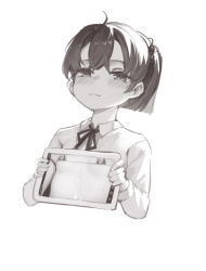 Rule 34 | 1girl, :3, absurdres, ahoge, bikini, blush, breasts, closed mouth, collared shirt, commentary request, cropped torso, drawing tablet, eyebrows hidden by hair, greyscale, hair bobbles, hair ornament, highres, holding, holding drawing tablet, long sleeves, micro bikini, monochrome, nai (daiduolaoge), neck ribbon, original, ribbon, shirt, simple background, small breasts, solo, suggestive fluid, swimsuit, upper body, white background, x-ray