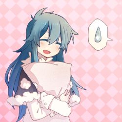 Rule 34 | 1girl, alternate hair length, alternate hairstyle, blouse, blue hair, capelet, checkered background, colored eyelashes, doremy sweet, closed eyes, ko kita, long hair, hugging object, open mouth, pillow, pillow hug, pom pom (clothes), shirt, sidelocks, solo, spoken sweatdrop, sweatdrop, touhou, upper body, white shirt