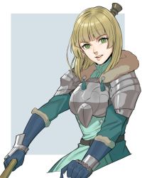 Rule 34 | 1girl, armor, belt, blonde hair, blunt bangs, blunt ends, border, breastplate, commentary, fire emblem, fire emblem: three houses, fire emblem warriors, fire emblem warriors: three hopes, gloves, green eyes, grey background, highres, holding, ingrid brandl galatea, looking at viewer, nintendo, official alternate hairstyle, open mouth, radiostarkiller, simple background, solo, teeth, two-tone background, white border