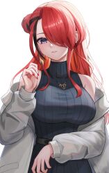 Rule 34 | 1girl, absurdres, bare shoulders, black sweater, commentary request, devonrex, grey jacket, hair bun, hair over one eye, highres, jacket, lain paterson, long hair, long sleeves, looking at viewer, nijisanji, off shoulder, parted lips, purple eyes, red hair, ribbed sweater, sleeveless, sleeveless turtleneck, solo, sweater, turtleneck, upper body, very long hair, white background