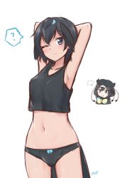 Rule 34 | 2girls, :t, puff of air, ?, absurdres, armpits, arms behind head, arms up, black eyes, black hair, black panties, black tank top, blue bow, bow, bow panties, cowboy shot, crop top, hair between eyes, highres, kemono friends, looking at viewer, midriff, multiple girls, navel, open mouth, panties, pout, shiraha maru, short hair, simple background, sketch, solo focus, spoken question mark, superb bird-of-paradise (kemono friends), tail, tank top, underwear, western parotia (kemono friends), white background