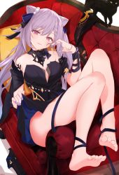 Rule 34 | 1girl, bare legs, bare shoulders, barefoot, black cat, black dress, blue dress, braid, cat, clothes lift, cone hair bun, couch, double bun, dress, feet, foreshortening, genshin impact, hair bun, hair ears, hand in own hair, highres, keqing (genshin impact), keqing (opulent splendor) (genshin impact), long hair, looking at viewer, lying, multicolored clothes, multicolored dress, nail polish, official alternate costume, official alternate hairstyle, on back, pantyhose, unworn pantyhose, parted lips, pillow, purple eyes, purple hair, shoes, unworn shoes, skirt, skirt lift, soles, toes, two-tone dress, vayneeeee