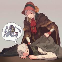 Rule 34 | 1boy, 1girl, amygdala (bloodborne), ascot, blanket, blood, blood from mouth, bloodborne, bonnet, brown headwear, brown vest, cloak, closed eyes, commentary request, doll joints, facing another, flower, grey background, grey hair, hat, highres, hood, hood down, hunter (bloodborne), jiro (ninetysix), joints, long sleeves, mask, monster, mouth mask, plain doll, red ascot, red headwear, shirt, short hair, thought bubble, tricorne, upper body, vest, white shirt