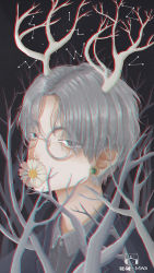 Rule 34 | 1boy, artist name, bishounen, chromatic aberration, covering own mouth, daisy, earrings, flower, flower in mouth, flower on mouth, glasses, highres, horns, jewelry, male focus, maoi, original, solo