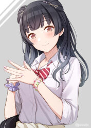 Rule 34 | 1girl, bead bracelet, beads, black hair, blunt bangs, blush, bow, bracelet, breasts, brown eyes, closed mouth, clothes around waist, collared shirt, commentary request, double bun, eyelashes, grey background, gyaru, hair bun, hair ornament, hairclip, hand up, head tilt, idolmaster, idolmaster shiny colors, jewelry, kogal, long hair, looking at viewer, mayuzumi fuyuko, medium breasts, nail polish, own hands together, panna444, pink nails, red bow, scrunchie, shirt, sidelocks, simple background, sleeves rolled up, smile, solo, steepled fingers, striped clothes, striped scrunchie, twitter username, uniform, upper body, wavy hair, white shirt