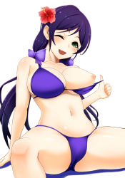 Rule 34 | 1girl, bikini, blue bikini, breasts, breasts out, green eyes, hair ornament, hair ribbon, large breasts, long hair, looking at viewer, love live!, love live! school idol festival, love live! school idol project, navel, nipples, one eye closed, open mouth, purple hair, ribbon, sitting, smile, solo, swimsuit, tomatto (@ma!), tojo nozomi
