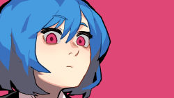 Rule 34 | 1girl, blue hair, borrowed character, closed mouth, commentary, english commentary, gogalking, highres, looking at viewer, original, pink background, pink eyes, portrait, short hair, simple background, skye (hcnone), solo