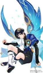 Rule 34 | 1boy, artist name, black bow, black footwear, black hair, black shirt, black shorts, blue cape, blue sash, blunt ends, bow, bridal gauntlets, cape, choppy bangs, closed mouth, commentary, eyeshadow, frown, genshin impact, hair between eyes, hand up, head tilt, highres, jacket, looking at viewer, makeup, male focus, no headwear, okkobc, open clothes, open jacket, pom pom (clothes), purple eyes, red eyeshadow, rope, sandals, sash, scaramouche (genshin impact), shirt, short hair, short sleeves, shorts, simple background, sitting, sleeveless, sleeveless shirt, solo, symbol-only commentary, toes, vision (genshin impact), wanderer (genshin impact), watermark, white background, white jacket, wind glider