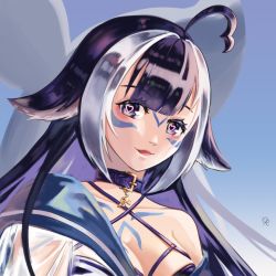 Rule 34 | 1girl, ahoge, animal ears, arm tattoo, belt collar, bikini, bikini under clothes, black hair, blue bikini, blue collar, blush, breasts, cetacean tail, chest tattoo, cleavage, collar, commentary, english commentary, facial tattoo, fins, fish tail, heart, heart-shaped pupils, heart ahoge, highres, indie virtual youtuber, large breasts, multicolored hair, off shoulder, open mouth, orca girl, peano draw, purple eyes, school uniform, see-through, see-through shirt, serafuku, shirt, shylily, shylily (1st costume), streaked hair, swimsuit, swimsuit under clothes, symbol-shaped pupils, tail, tattoo, virtual youtuber, white hair, white shirt