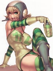 Rule 34 | 1girl, abs, adapted costume, arm support, bare shoulders, blonde hair, breasts, cleavage, covered erect nipples, crossed legs, dress, fumio (rsqkr), gloves, green eyes, gum (jsr), hat, headphones, helmet, impossible clothes, impossible dress, jet set radio, jet set radio future, large breasts, lips, open mouth, panties, pantyshot, roller skates, short hair, sitting, skates, solo, spray can, spray paint, striped clothes, striped panties, striped thighhighs, thighhighs, thighs, underwear