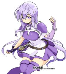 Rule 34 | 1girl, alternate costume, asymmetrical gloves, belt, breasts, circlet, commentary request, fire emblem, fire emblem: genealogy of the holy war, gloves, julia (fire emblem), long hair, looking at viewer, medium breasts, nintendo, pegasus knight uniform (fire emblem), purple eyes, purple hair, simple background, skirt, solo, thighs, uneven gloves, yukia (firstaid0)