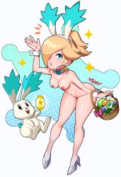 Rule 34 | 1girl, :3, absurdres, alternate hairstyle, animal ears, arm up, artist name, basket, black eyes, blonde hair, blue background, blue bow, blue bowtie, blue eyes, blush, bow, bowtie, breasts, buck teeth, collarbone, detached collar, earrings, easter, easter egg, egg, eyelashes, fake animal ears, female focus, fire flower, floral print, full body, grey footwear, groin, hair flaps, hair over one eye, hairband, happy, high heels, highres, holding, holding basket, jewelry, leaning forward, legs, leotard, light blush, lips, lipstick, looking at viewer, looking to the side, makeup, mario (series), medium breasts, navel, nintendo, nipples, notice lines, nude, one eye covered, open mouth, parted lips, pink bow, playboy bunny, ponytail, super star (mario), rabbit, rabbit ears, rosalina, sarukaiwolf, shiny skin, shoes, short hair, sidelocks, signature, smile, sparkle, standing, star (symbol), star bunny, star earrings, super mario galaxy, super star (mario), teeth, thighs, traditional bowtie, white hairband, wrist cuffs, yoshi egg