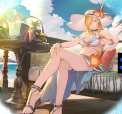 Rule 34 | 1girl, arakawa hiromu, artist request, bikini, blonde hair, blue eyes, breasts, check artist, cloud, commentary, english commentary, feet, foot out of frame, fullmetal alchemist, happy, hat, large breasts, large hat, legs, long hair, looking at viewer, official art, olivier mira armstrong, sandals, sitting, sky, smile, solo, strappy heels, swimsuit, toenails, toes, white bikini