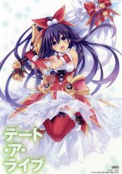 Rule 34 | 10s, 1girl, absurdres, bare shoulders, blush, breasts, brown eyes, cleavage, date a live, dress, frilled thighhighs, frills, gloves, hair ribbon, highres, holding, holding weapon, long hair, looking at viewer, purple hair, ribbon, santa costume, simple background, smile, solo, sword, thighhighs, tsunako, very long hair, weapon, white background, yatogami tooka