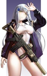 1girl assault_rifle black_jacket blunt_bangs breasts closed_mouth commentary commission cowboy_shot cross_hair_ornament english_commentary frown girls&#039;_frontline green_eyes gun gun_sling h&amp;k_hk416 hair_ornament hand_up hk416_(girls&#039;_frontline) jacket looking_at_viewer mixed-language_commentary multicolored_clothes multicolored_jacket one-piece_swimsuit open_clothes open_jacket purple_eyes purple_jacket purple_one-piece_swimsuit replikia rifle solo suppressor swimsuit tattoo teardrop_facial_mark teardrop_tattoo two-tone_background two-tone_jacket two-tone_one-piece_swimsuit weapon white_background white_hair white_one-piece_swimsuit