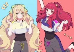 Rule 34 | 2girls, :d, arm up, blonde hair, blue background, bow, celine (fire emblem), commentary request, crop top, dfhnokenbutu, facial mark, fire emblem, fire emblem engage, green bow, green eyes, grey pants, hair bow, hand up, long hair, looking at viewer, multiple girls, nintendo, official alternate costume, open mouth, pants, red background, shirt, short sleeves, smile, star (symbol), two-tone background, very long hair, yunaka (fire emblem)