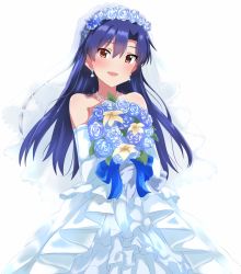Rule 34 | 1girl, :d, blue bow, blue hair, blush, bouquet, bow, bridal veil, brown eyes, collarbone, dars (recolors), dress, earrings, elbow gloves, floating hair, flower, gloves, hair between eyes, hair flower, hair ornament, holding, holding bouquet, idolmaster, idolmaster (classic), jewelry, kisaragi chihaya, layered dress, long dress, long hair, looking at viewer, necklace, open mouth, rose, simple background, smile, solo, sparkle, standing, strapless, strapless dress, veil, wedding dress, white background, white dress, white flower, white gloves, white rose, yellow flower